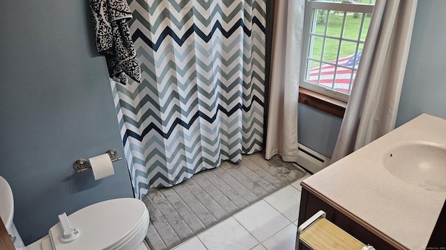 222 Gilead St, Hebron, CT 06248 - full bath featuring vanity, a shower with shower curtain, and a baseboard radiator