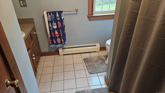 222 Gilead St, Hebron, CT 06248 - full bathroom featuring a baseboard radiator, tile patterned floors, vanity, and curtained shower