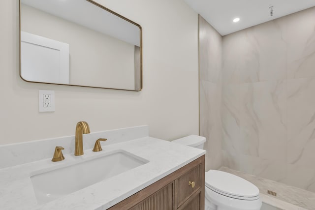39 Cambridge Dr, Greenwich, CT 06831 - full bathroom featuring vanity, a marble finish shower, and recessed lighting