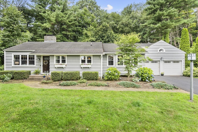 123 George St, Middletown, CT 06457 - ranch-style house with a chimney, driveway, a front lawn, a garage, and a shingled roof
