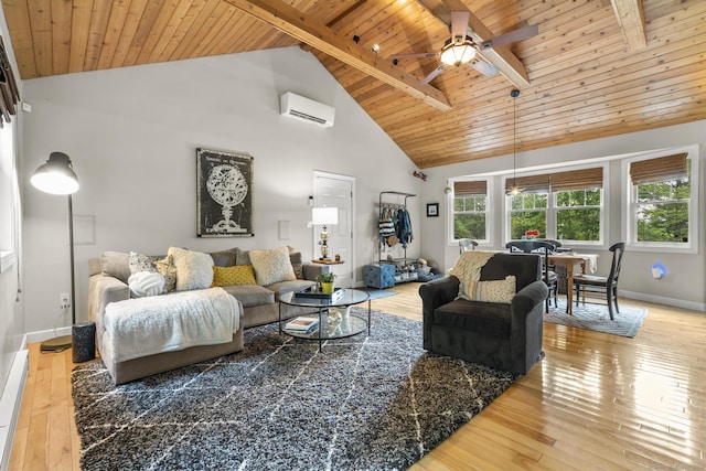 123 George St, Middletown, CT 06457 - living area with a wall mounted AC, a wooden ceiling with exposed beams, a ceiling fan, light wood-style floors, and high vaulted ceiling