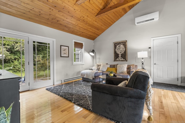 123 George St, Middletown, CT 06457 - living room featuring a wall unit AC, a baseboard heating unit, a wooden ceiling with exposed beams, hardwood / wood-style flooring, and high vaulted ceiling