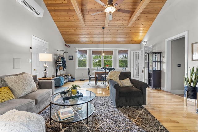123 George St, Middletown, CT 06457 - living area with light wood-style flooring, ceiling fan, a wooden ceiling with exposed beams, high vaulted ceiling, and an AC wall unit