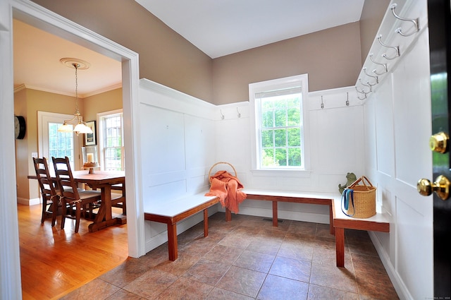 190 Shadow Pond, Suffield, CT 06078 - mudroom featuring a chandelier and crown molding