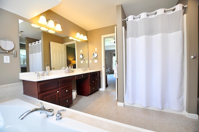 190 Shadow Pond, Suffield, CT 06078 - full bath featuring double vanity, tile patterned floors, a bathtub, a shower with shower curtain, and a chandelier