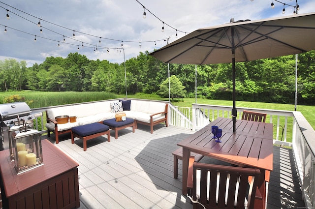 190 Shadow Pond, Suffield, CT 06078 - wooden terrace featuring an outdoor living space, a forest view, a yard, and outdoor dining space