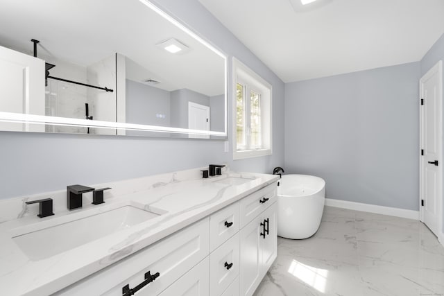 61 N Woods Rd, Hamden, CT 06518 - full bathroom featuring a freestanding tub, a shower stall, double vanity, and marble finish floors
