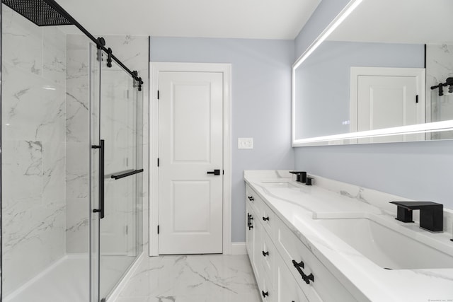 61 N Woods Rd, Hamden, CT 06518 - full bathroom featuring marble look tile flooring, a marble finish shower, and double vanity