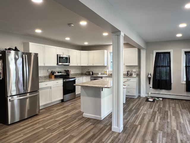 34 Division St, Norwich, CT 06360 - kitchen with stainless steel appliances, a baseboard heating unit, dark wood finished floors, white cabinetry, and tasteful backsplash