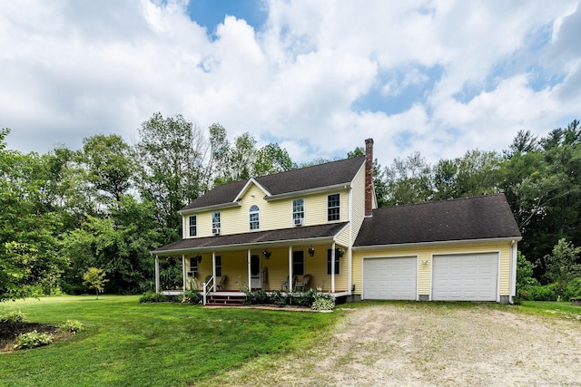 93 Cook Hill Rd, Killingly, CT 06239 - farmhouse-style home with a porch, driveway, a garage, a chimney, and a front yard