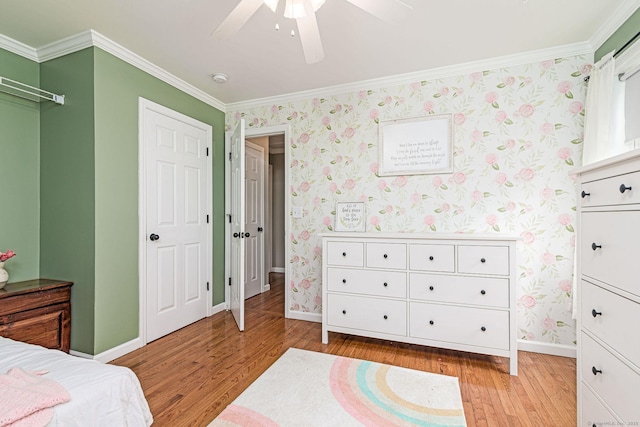 93 Cook Hill Rd, Killingly, CT 06239 - bedroom with light wood-style floors, crown molding, wallpapered walls, and a ceiling fan