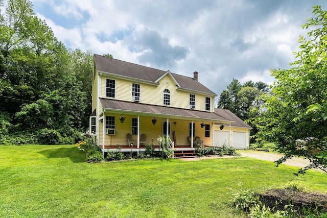 93 Cook Hill Rd, Killingly, CT 06239 - view of front of home featuring a porch, a chimney, a front yard, driveway, and an attached garage