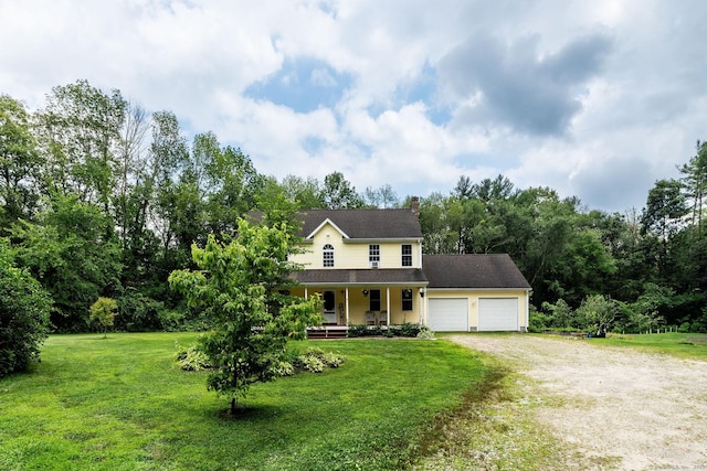 93 Cook Hill Rd, Killingly, CT 06239 - farmhouse featuring a porch, driveway, an attached garage, a front lawn, and a chimney