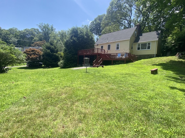 29 Grumman Ave, Wilton, CT 06897 - view of grassy yard with a wooden deck and stairway
