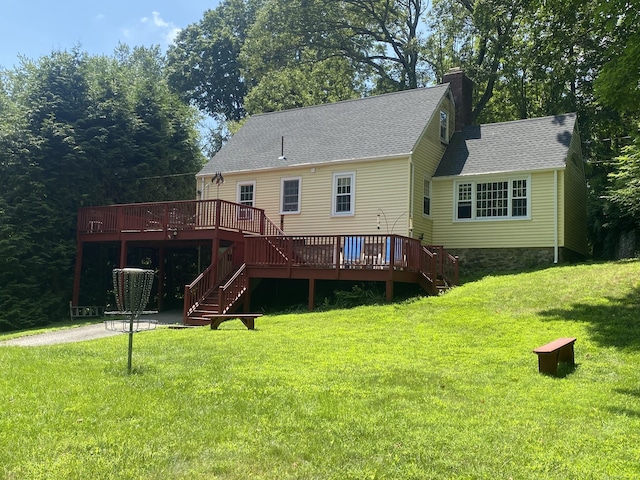 29 Grumman Ave, Wilton, CT 06897 - rear view of house featuring a wooden deck, a chimney, stairs, a yard, and roof with shingles