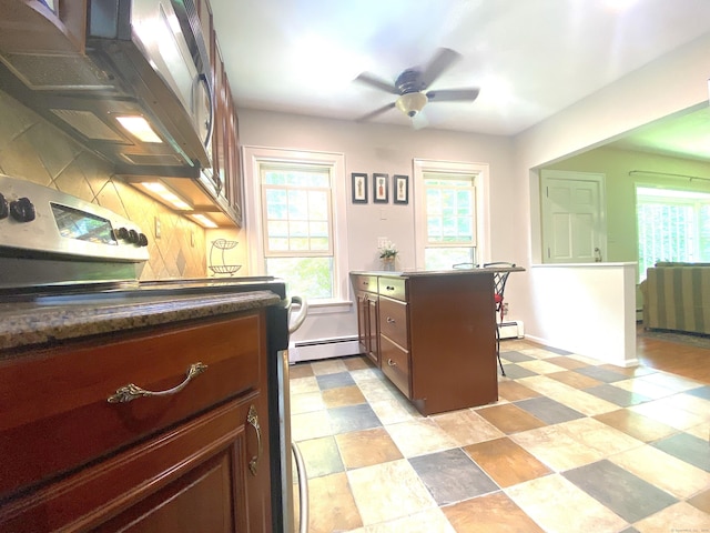 29 Grumman Ave, Wilton, CT 06897 - kitchen with baseboard heating, ceiling fan, a baseboard radiator, and electric stove