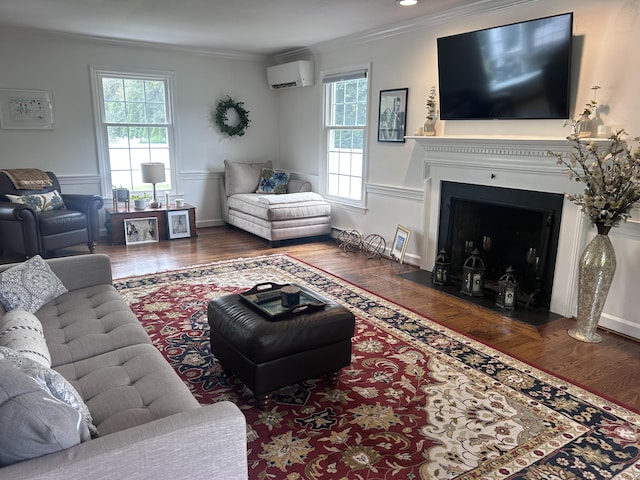 8 Sharon Ln, Old Saybrook, CT 06475 - living room featuring a wall mounted air conditioner, healthy amount of natural light, crown molding, wood finished floors, and a fireplace with flush hearth