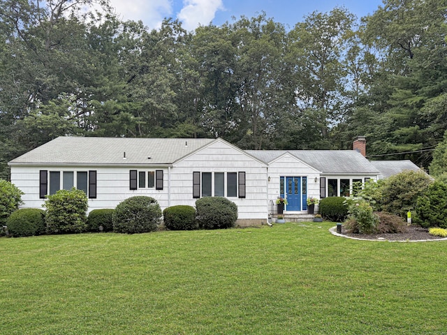 96 Moravia Rd, Avon, CT 06001 - ranch-style house featuring a front yard, a chimney, and view of scattered trees