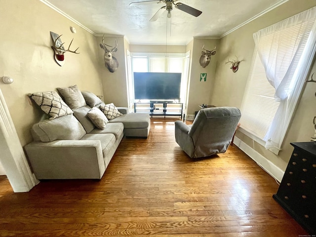 271 S Main St, Torrington, CT 06790 - living room featuring wood finished floors, a ceiling fan, and ornamental molding