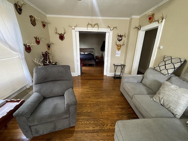 271 S Main St, Torrington, CT 06790 - living area with crown molding, dark wood-style floors, and ceiling fan