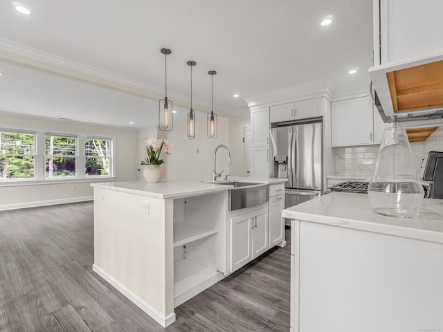 39 Beaver Brook Rd, Danbury, CT 06810 - kitchen with open shelves, crown molding, dark wood-style floors, backsplash, and recessed lighting