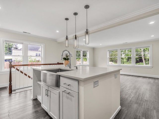 39 Beaver Brook Rd, Danbury, CT 06810 - kitchen with ornamental molding, light countertops, white cabinetry, dark wood-style floors, and a center island with sink