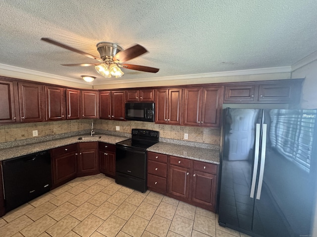 519 Scott Rd, Waterbury, CT 06705 - kitchen with black appliances, crown molding, a ceiling fan, light tile patterned flooring, and tasteful backsplash