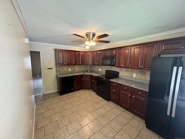 519 Scott Rd, Waterbury, CT 06705 - kitchen featuring black appliances, crown molding, a ceiling fan, light tile patterned flooring, and backsplash