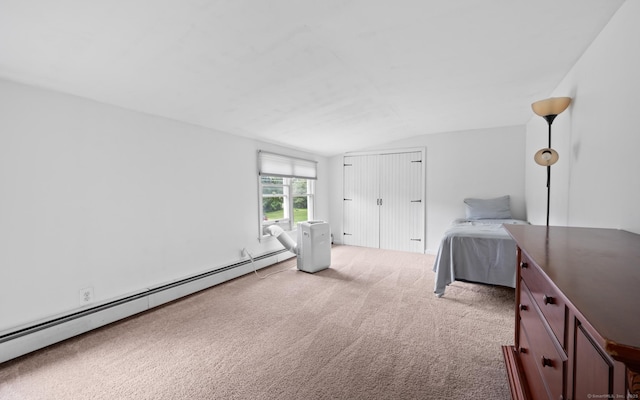 20 Harris St, Enfield, CT 06082 - bedroom with a baseboard heating unit, lofted ceiling, light carpet, and a closet
