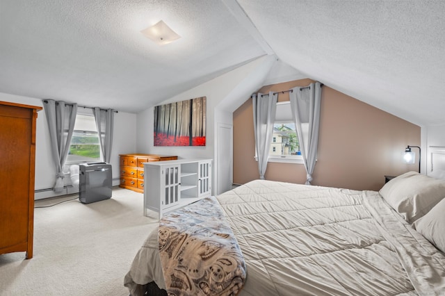20 Harris St, Enfield, CT 06082 - bedroom with a textured ceiling, light colored carpet, a baseboard heating unit, and vaulted ceiling