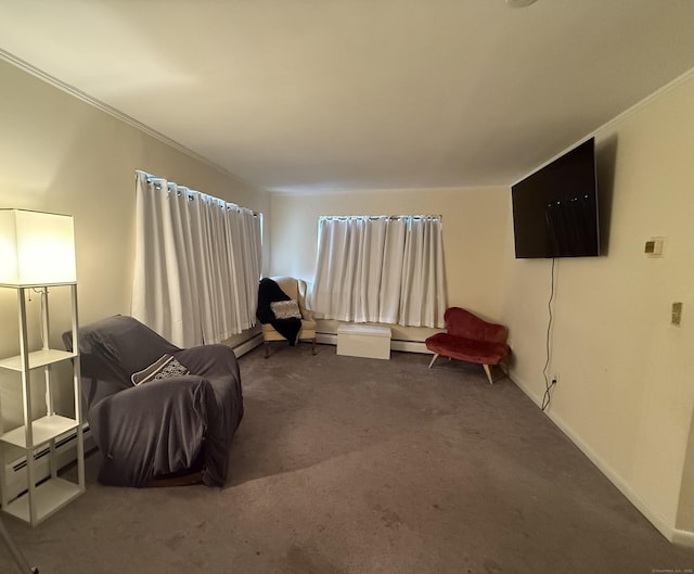 210 Oakville Ave Apt A, Waterbury, CT 06708 - sitting room with carpet floors, a baseboard heating unit, and crown molding