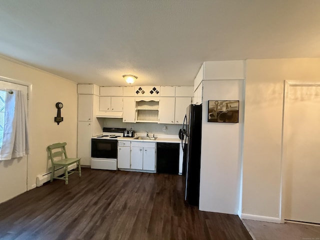 210 Oakville Ave Apt A, Waterbury, CT 06708 - kitchen featuring black appliances, dark wood-style flooring, white cabinets, light countertops, and baseboard heating