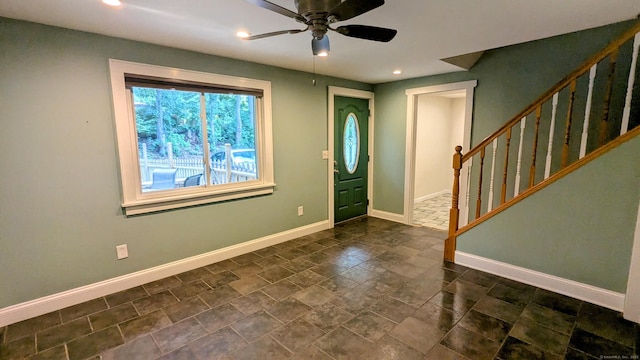 32 Rocky Glen Rd, Danbury, CT 06810 - foyer entrance with a ceiling fan, recessed lighting, stairs, and dark stone finish flooring