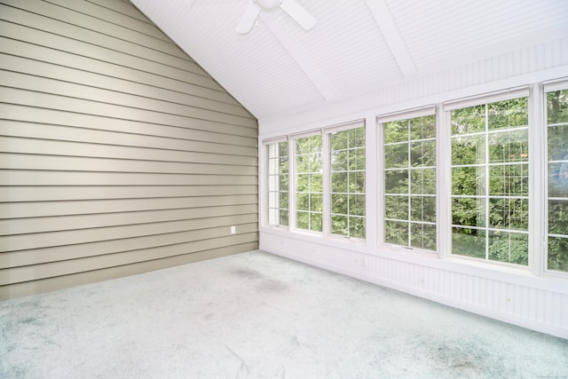 21 Great Heron Ln Unit 21, Brookfield, CT 06804 - unfurnished sunroom featuring a ceiling fan, carpet floors, vaulted ceiling, and wood walls