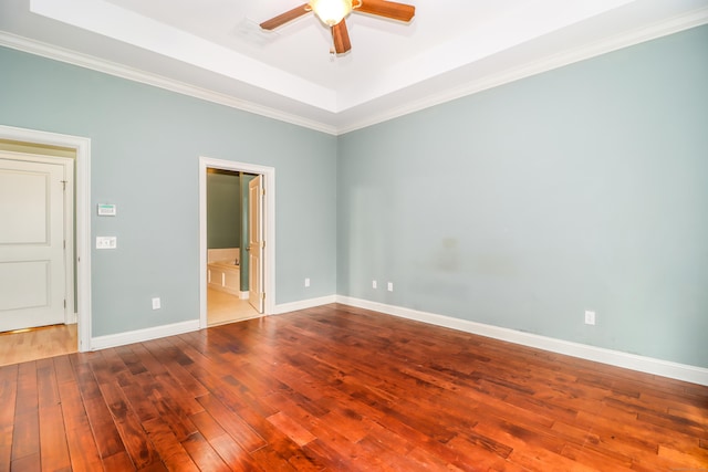 21 Great Heron Ln Unit 21, Brookfield, CT 06804 - unfurnished bedroom with hardwood / wood-style flooring, a tray ceiling, ornamental molding, ensuite bath, and a ceiling fan
