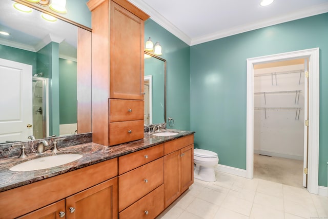 21 Great Heron Ln Unit 21, Brookfield, CT 06804 - full bathroom with a shower stall, ornamental molding, double vanity, a walk in closet, and recessed lighting