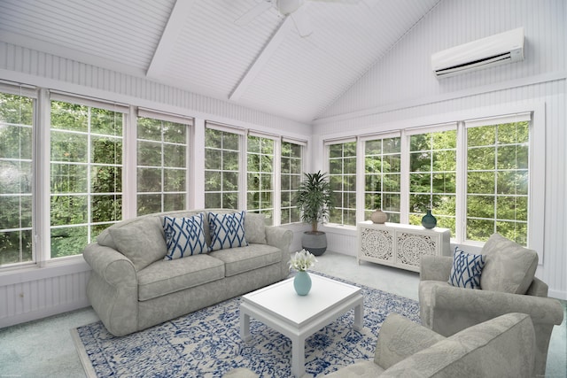 21 Great Heron Ln Unit 21, Brookfield, CT 06804 - sunroom / solarium featuring an outdoor living space, a ceiling fan, lofted ceiling, and a wall unit AC