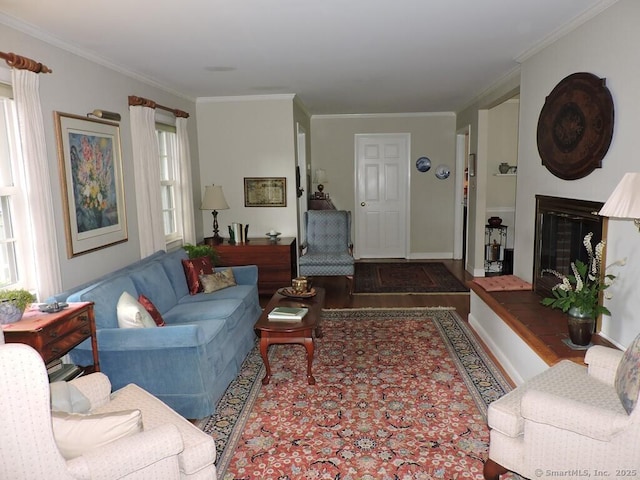 29 Graham Rd, East Windsor, CT 06016 - living room featuring wood finished floors, ornamental molding, and a glass covered fireplace