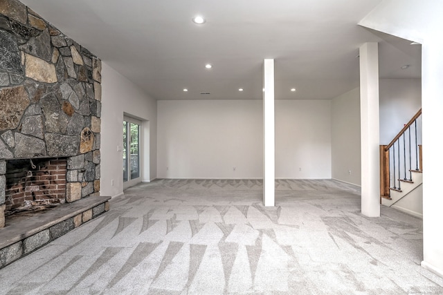 35 Millo Dr, Monroe, CT 06468 - unfurnished living room featuring carpet flooring, stairs, recessed lighting, and a stone fireplace