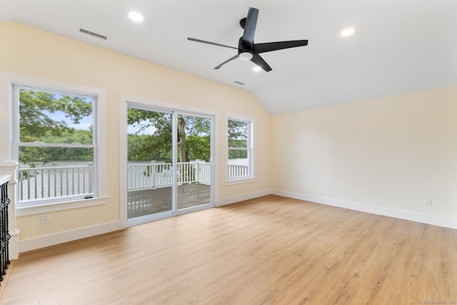 145 Lakeview Dr, Colchester, CT 06415 - spare room featuring light wood-style floors, ceiling fan, lofted ceiling, and recessed lighting