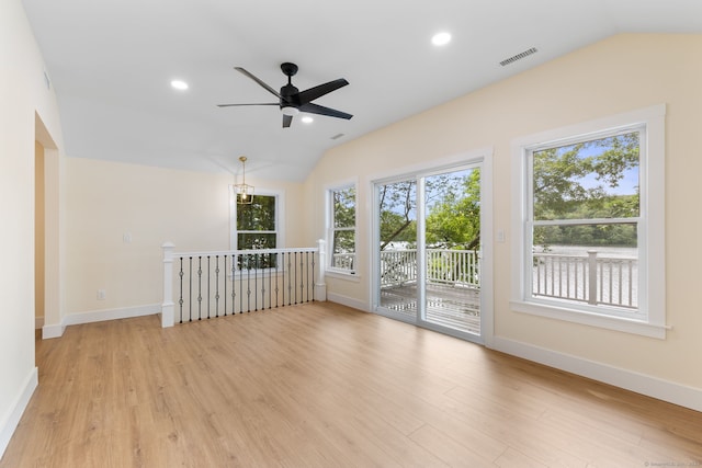 145 Lakeview Dr, Colchester, CT 06415 - unfurnished room featuring vaulted ceiling, healthy amount of natural light, light wood-type flooring, a ceiling fan, and recessed lighting