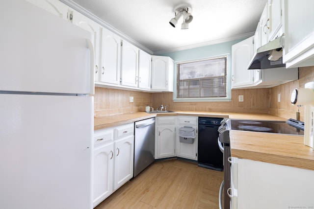 26 Stevens Pl Unit 26, Rocky Hill, CT 06067 - kitchen with freestanding refrigerator, stainless steel dishwasher, under cabinet range hood, white cabinets, and electric range oven