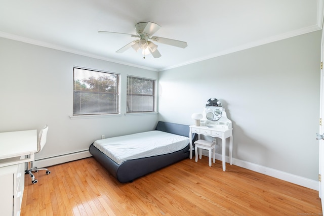 26 Stevens Pl Unit 26, Rocky Hill, CT 06067 - bedroom featuring a baseboard radiator, ornamental molding, light wood-style floors, and a ceiling fan