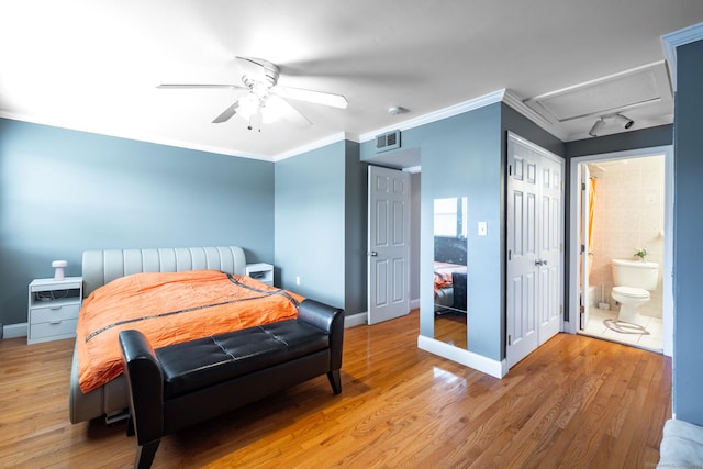 26 Stevens Pl Unit 26, Rocky Hill, CT 06067 - bedroom featuring light wood finished floors, attic access, ornamental molding, ensuite bath, and a ceiling fan