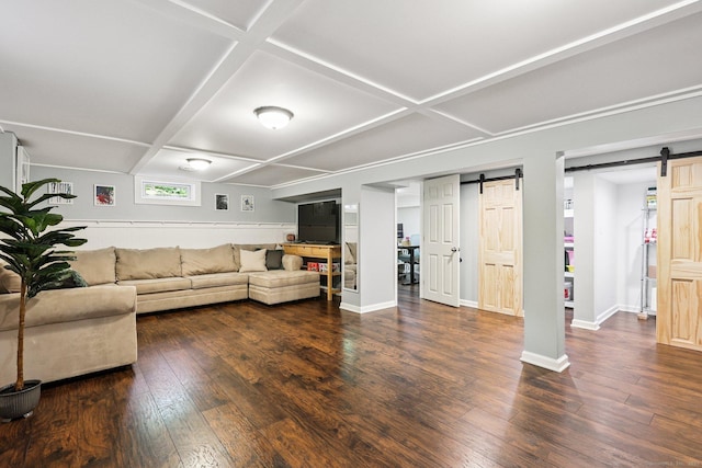 103 Glenwood Rd, Clinton, CT 06413 - living room featuring a barn door, coffered ceiling, and dark wood-style floors