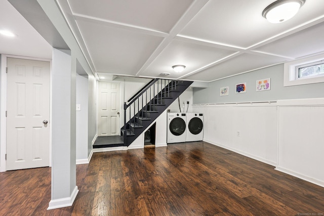103 Glenwood Rd, Clinton, CT 06413 - below grade area featuring washer and clothes dryer, stairway, and wood finished floors