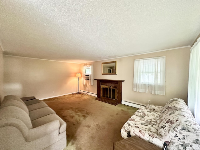 52 Midland Rd, Windsor Locks, CT 06096 - carpeted living room with baseboard heating, a brick fireplace, ornamental molding, and a textured ceiling