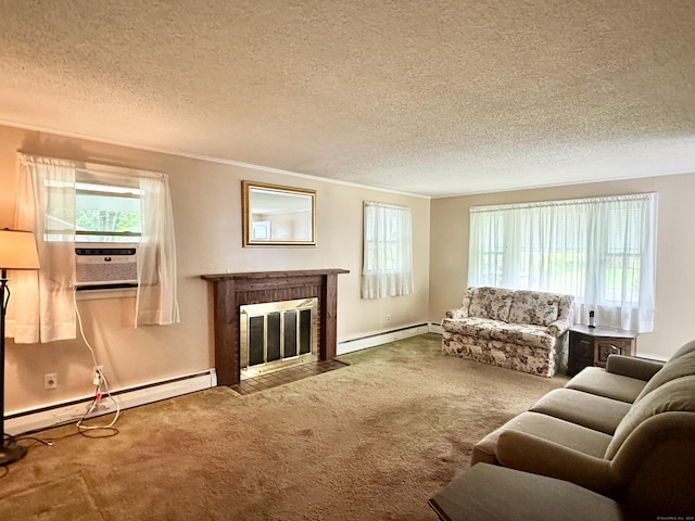 52 Midland Rd, Windsor Locks, CT 06096 - carpeted living area with baseboard heating, healthy amount of natural light, a textured ceiling, cooling unit, and crown molding