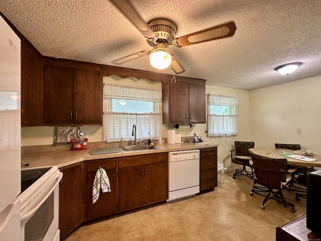 52 Midland Rd, Windsor Locks, CT 06096 - kitchen with white appliances, light countertops, ceiling fan, a textured ceiling, and dark brown cabinetry