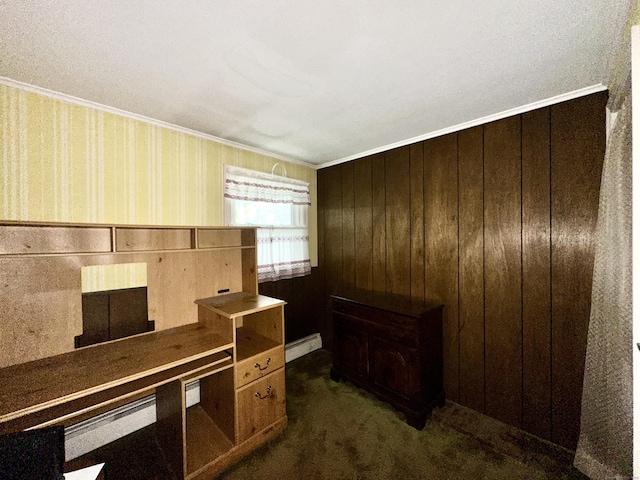 52 Midland Rd, Windsor Locks, CT 06096 - unfurnished office featuring dark colored carpet, wood walls, ornamental molding, and wallpapered walls